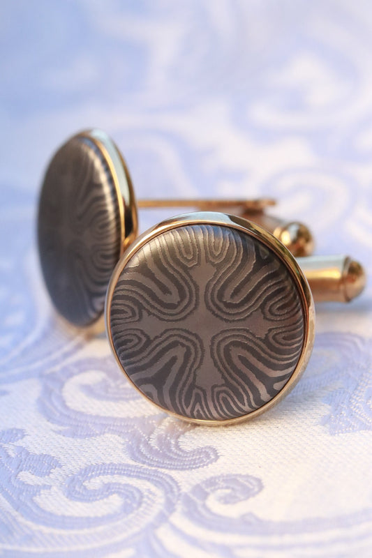 zirconium damascus cufflinks 14k yellow/white gold