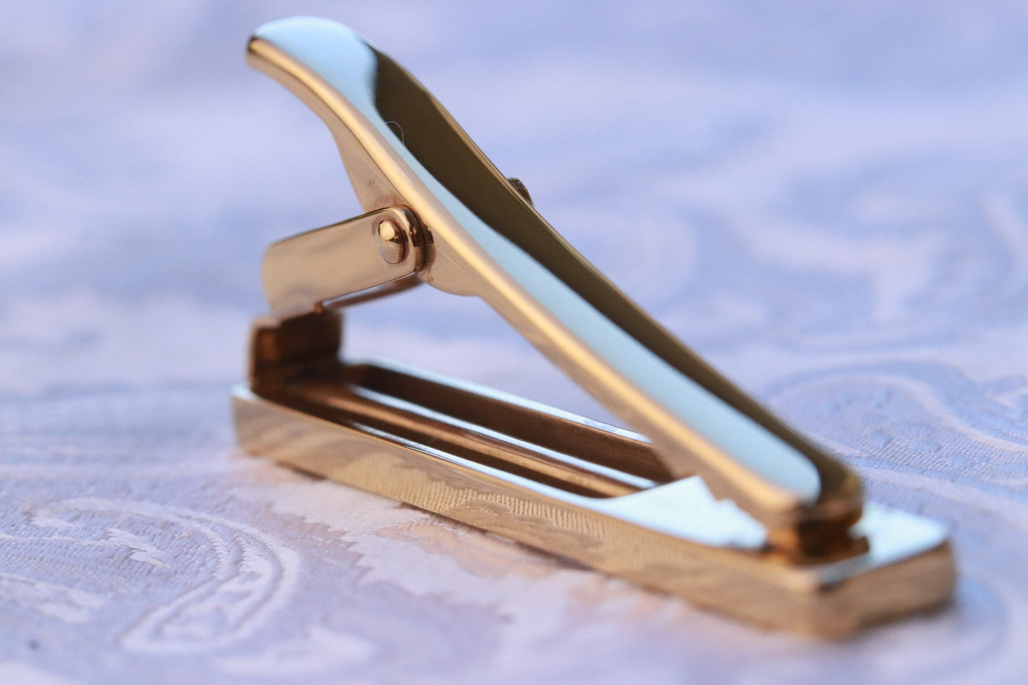 zirconium damascus 14k gold tie clip